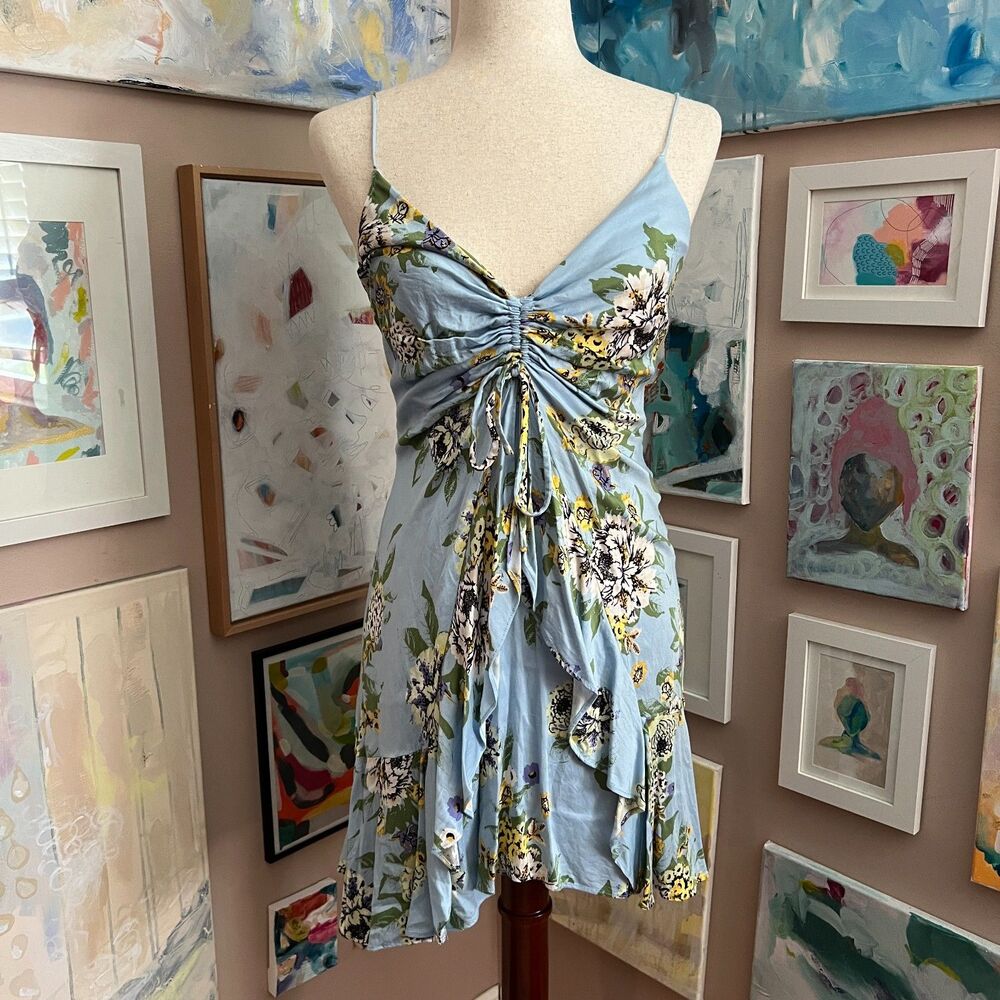 Free People Happy Heart Blue Floral Ruched Mini Dress Cottagecore Picnic Size S - Picture 1 of 9